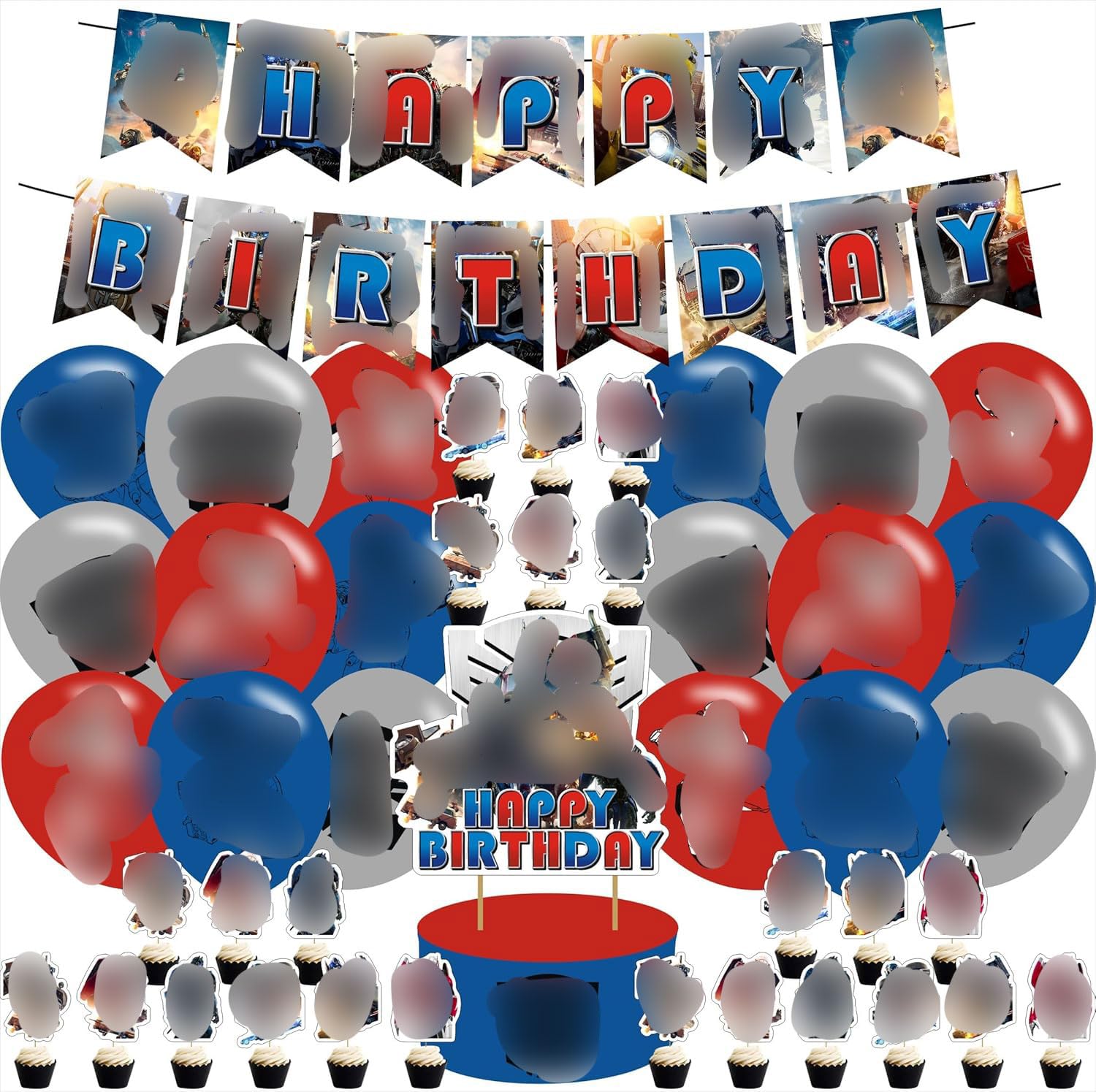 Photo 1 of Cartoon Robot Themed Birthday Party Supplies Set Happy Birthday Banner, Cake Topper, Cupcake Toppers, Balloons Stickers for Cartoon Robot Kids Party Decorations