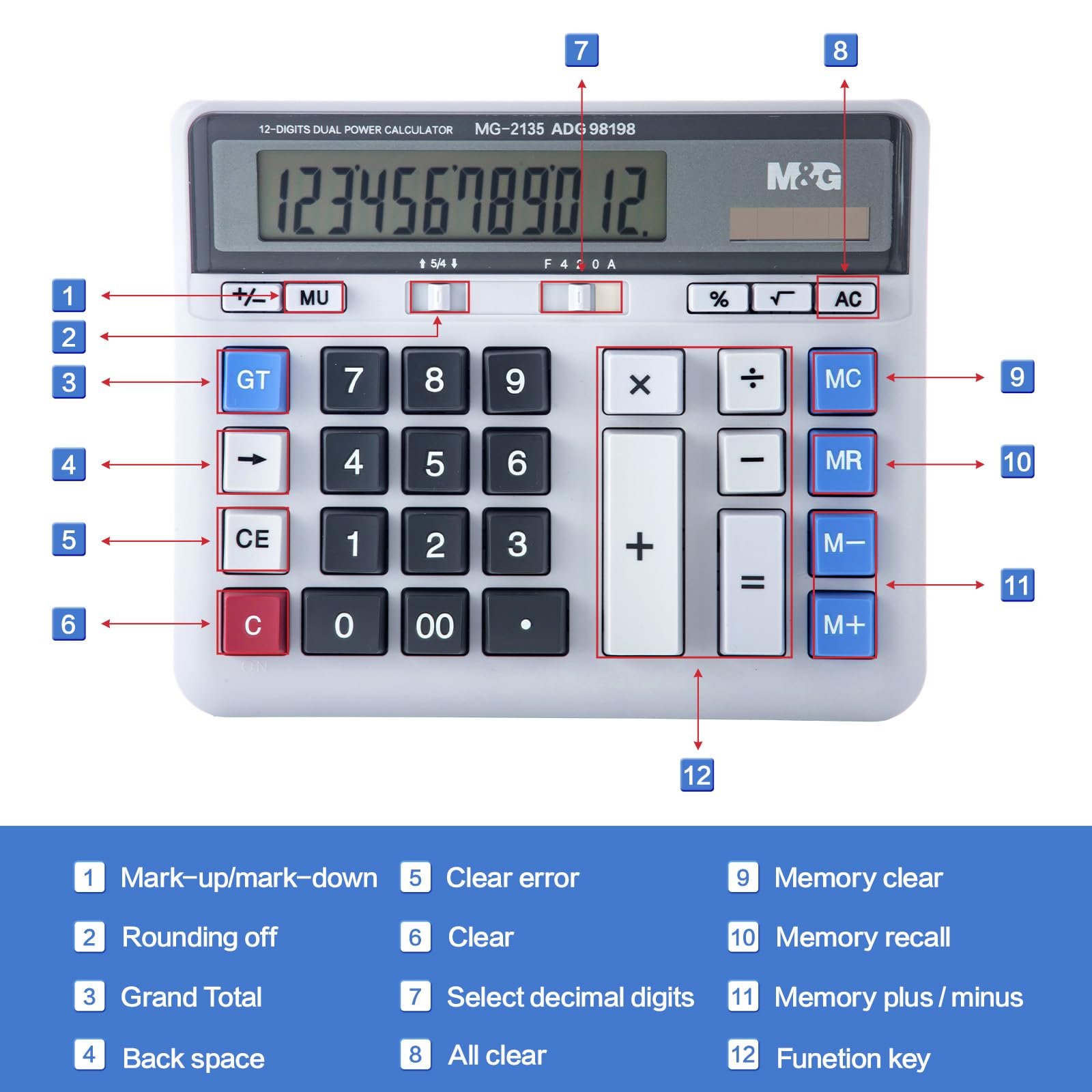 M&G Desktop Calculator 12 Digits Extra Large LCD Display, Dual Solar Power and Battery, Mechanical Calculator with Big Buttons, Battery Include, Basic Financial Calculator for Office Home School