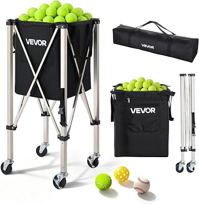 Panier à Balles de Tennis avec roulettes, Capacité de 200 Balles, Chariot Pliable Ramasse-Balles en Acier INOX, Panier Portable pour Entraînement de Tennis et Pickleball, avec Sac de Rangement