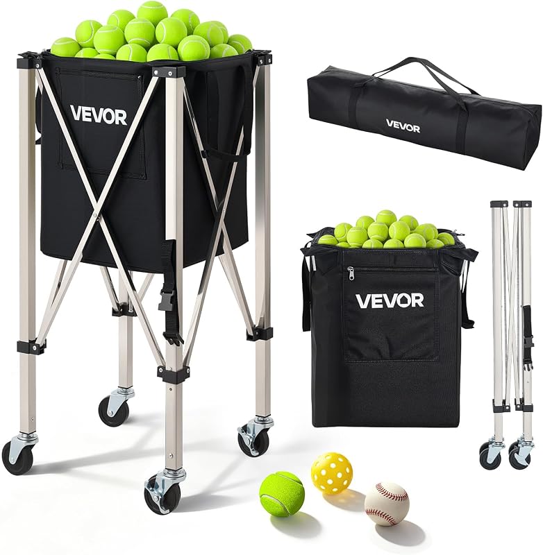 Panier à Balles de Tennis avec roulettes, Capacité de 200 Balles, Chariot Pliable Ramasse-Balles en Acier INOX, Panier Portable pour Entraînement de Tennis et Pickleball, avec Sac de Rangement