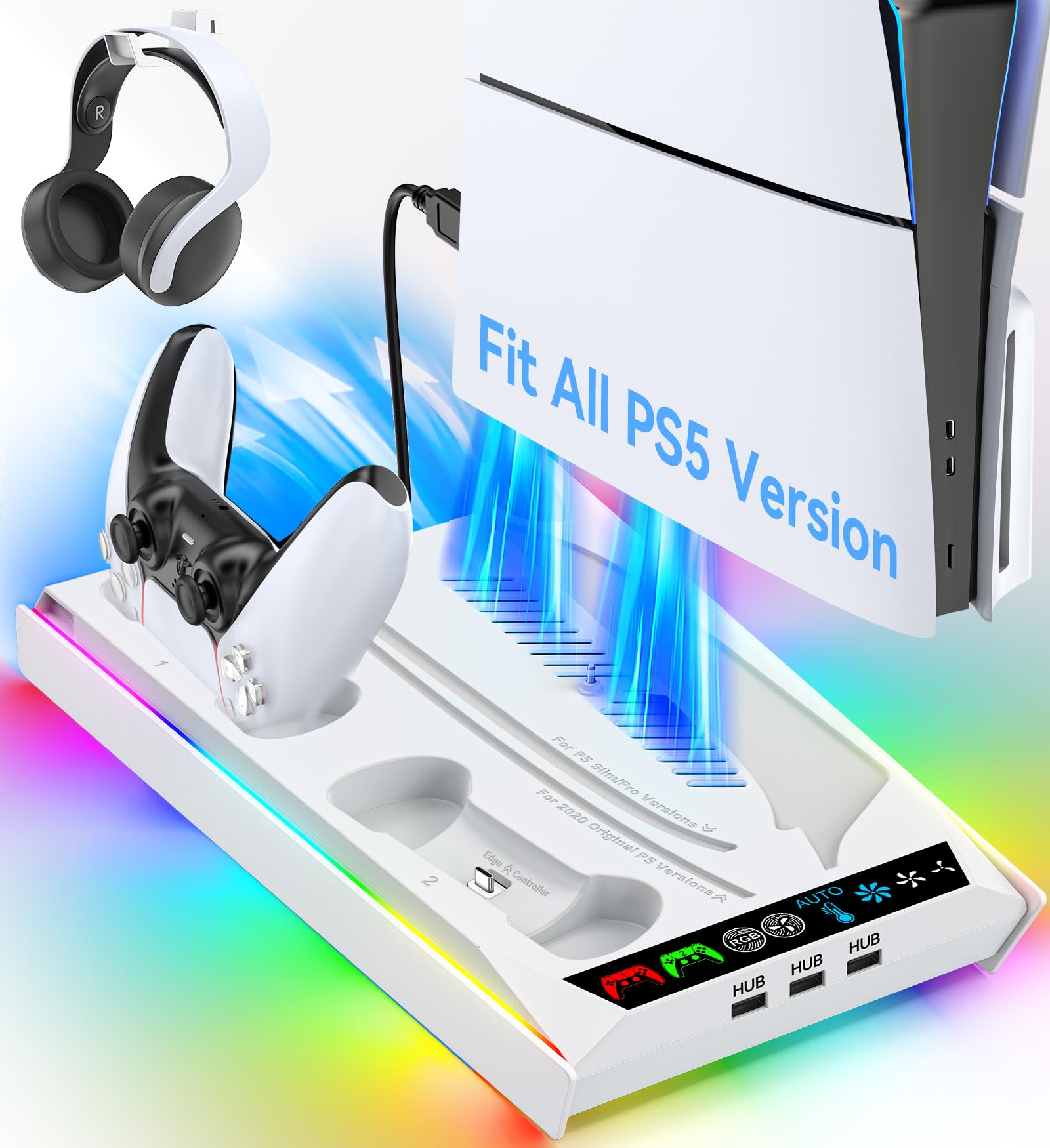 Rysker PS-5/Slim/Pro Cooling Station with Quiet Cooling Fan and Fast Controller Charger for Disc & Digital Console, PS-5 Accessories Incl. 3 USB Ports, Screw and Headset