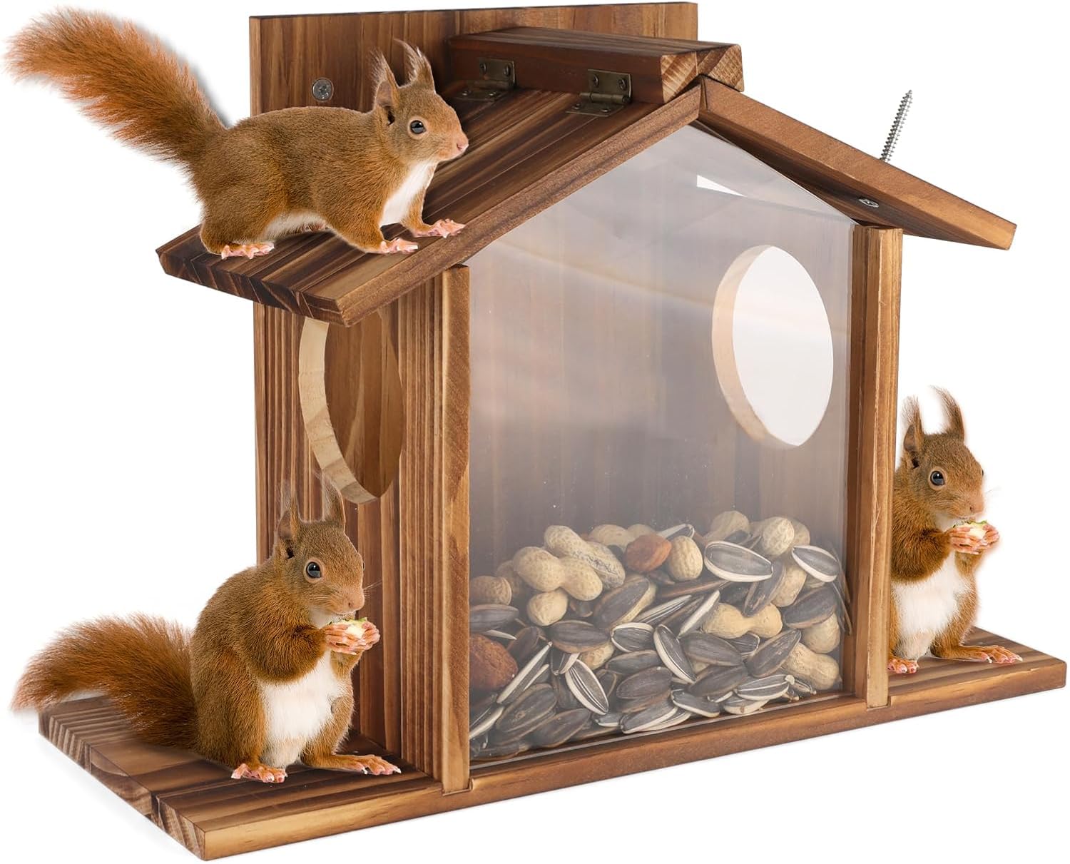 Squirrel Feeder, Squirrel Feeder House for Garden, Large Capacity Wooden Squirrels Feeding Stations with Flexible Roof, Chipmunk Wildlife Animal Feeding Platform for Backyard Garden