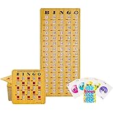 MR CHIPS Jam-Proof Bingo Cards with Sliding Windows, 25 Reusable Shutter Cards, 75 Calling Cards 1 Master Board in Woodgrain Style