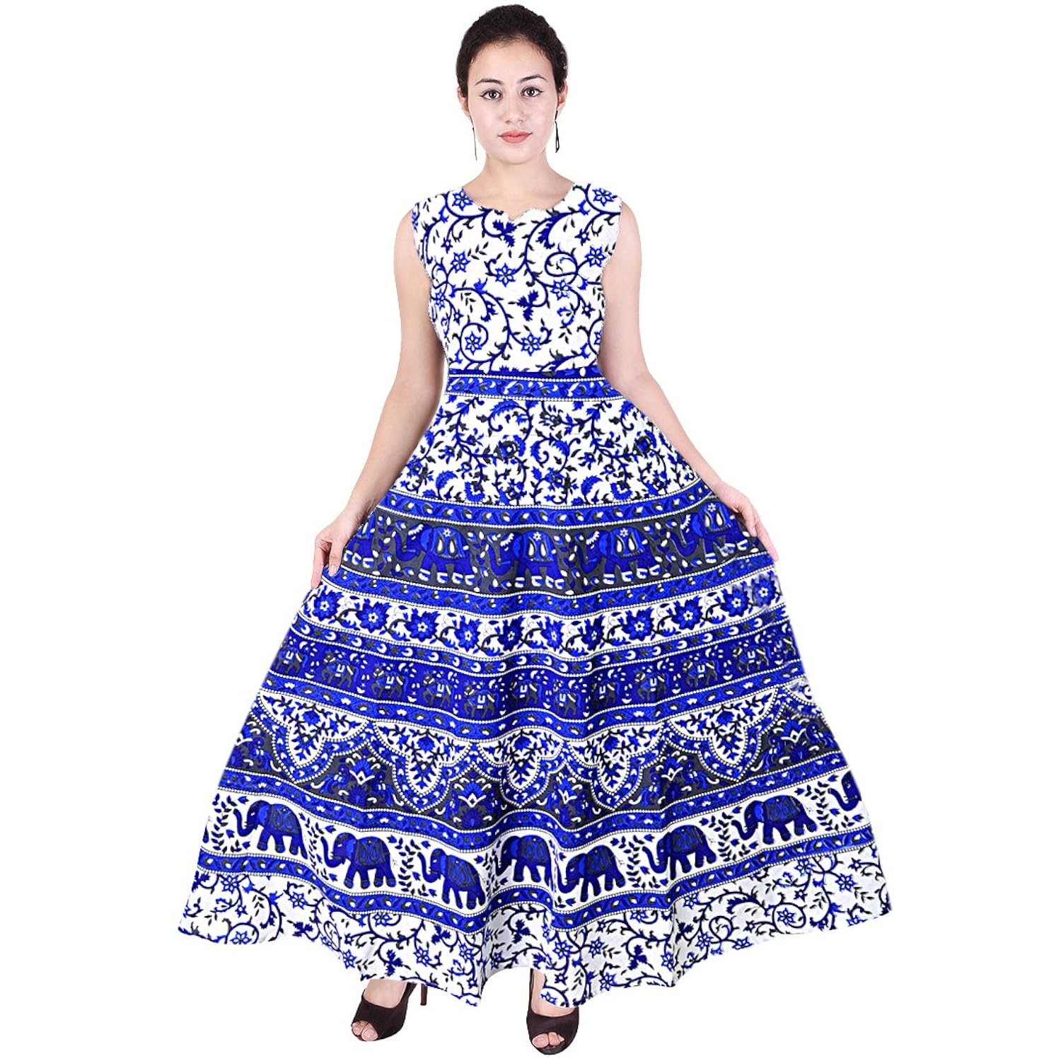 jwf women's cotton jaipuri printed long dress(fr_2194, blue, free size)