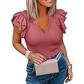 Womens Ruffle Tank Tops Summer Dressy Casual V Neck Slim Fit Ribbed Knit Sleeveless Shirts Pink