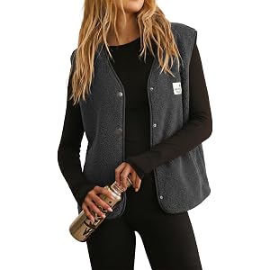 EVALESS Women's Sherpa Fleece Vest Snap Button Outerwear Top with Pockets | Hiking Sherpa Vest for Women, Fleece Sleeveless V