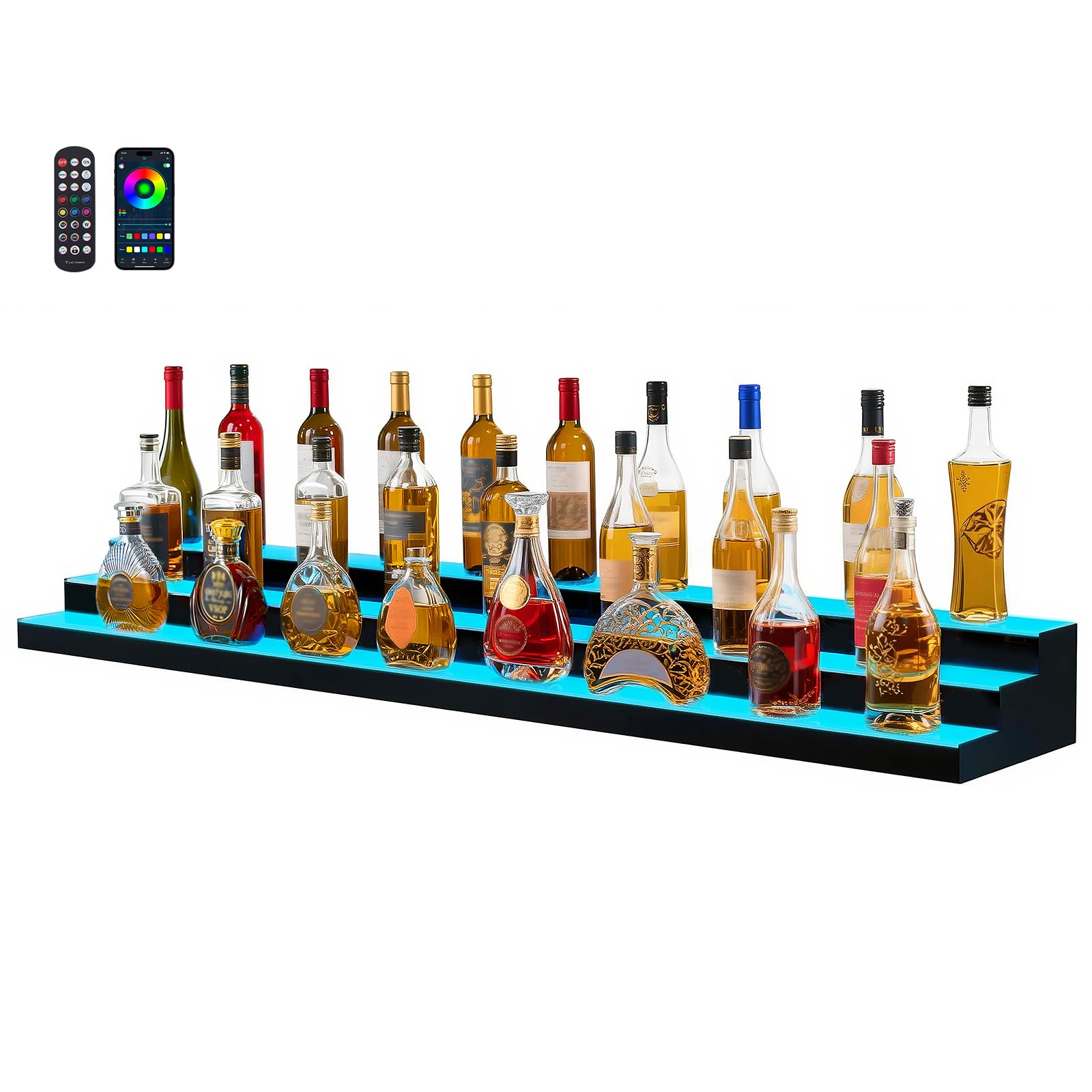 Photo 1 of **parts only** VEVOR LED Lighted Liquor Bottle Display, 3 Tier 70 Inch, Illuminated Home Bar Shelf with RF Remote & App Control, 7 Static Colors, Acrylic Lighted Whiskey Shelf for 52 Bottles, Powered by Adapter Only