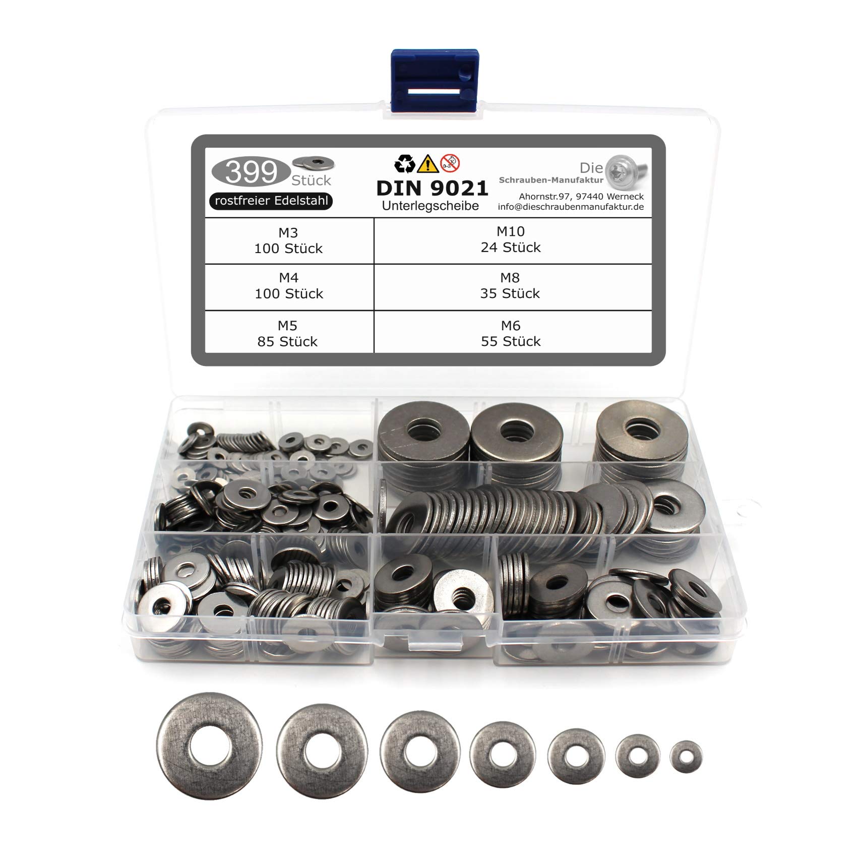 399-Piece Set of Washers in Accordance with DIN 9021 / ISO 7093 Standard Stainless Steel A2 V2A Washers M3-M10 (399 Pieces)