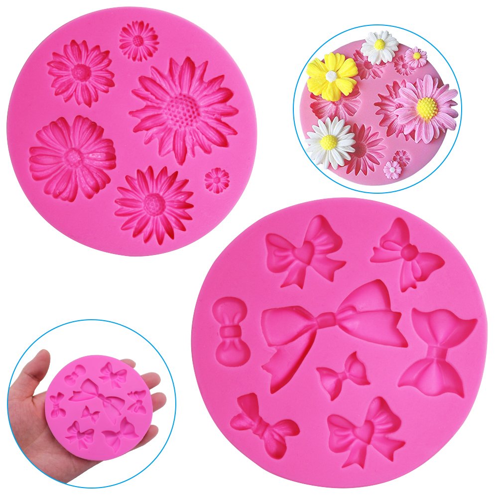 FineGood 2 Pieces Decorative Silicone Molds, Chrysanthemum Flower and Bow Tie Shaped, Chocolate Fondant Clay Sugar Craft Soap Decoration Molds DIY Baking Cake Tool - Pink