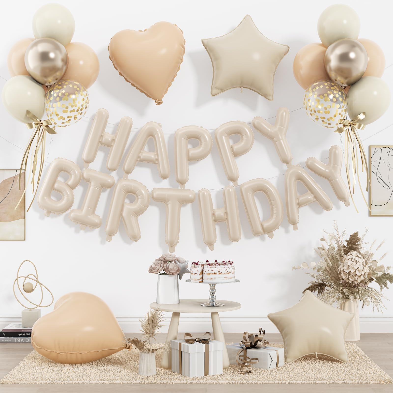 Photo 1 of 29 PC Cream Happy Birthday Balloon Banner, 16 Inch 3D Aluminum Letter Banner Sign, Apricot Champagne Gold Ivory White Balloon 18 Inch Star Heart Foil Balloons for Kids, Women, Men Party Supply