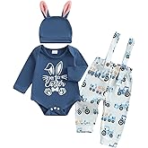 Doqcey My First Easter Baby Boy Outfit Long Sleeve Romper Tractor Suspender Pants Set Bunny Ear Hat 3Pcs Easter Clothes