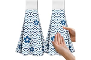 CUTHOLLOW Blue Japanese Texture Kitchen Towels with Hanging Loop, Set of 2 - Soft & Super Absorbent Microfiber Decorative Tea
