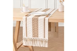 DeZerlor Fall Table Runner 12 x 60 Inches Farmhouse Woven Table Runner with Tassels Macrame Cotton Linen Table Runner for Dining Thanksgiving Table Decorations, Beige & Brown