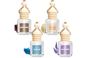 AROIC 4 Pack Car Air Freshener Hanging, Wooden Lid Essential Oil Air Freshener Hanging Car Diffuser, Natural Slow-Release Aroma for Auto Interior, Long-Lasting Fragrance Alternative to Spray Perfumes