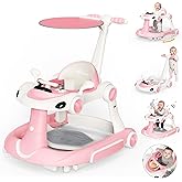 HAWEEK Baby Walker with Wheels, 7-in-1 Foldable Baby Walkers for Boys Girls 6-12 Months with Feeding Tray & Music, Lights,Rocker,Sun Canopy, Bouncing Pedal, Adjustable Wheel Speed, Push Walker (Pink)