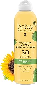Babo Botanicals Sheer Zinc Continuous Sunscreen Spray SPF30 - Natural Zinc Oxide - Extra Sensitive Skin - Water Resistant - V