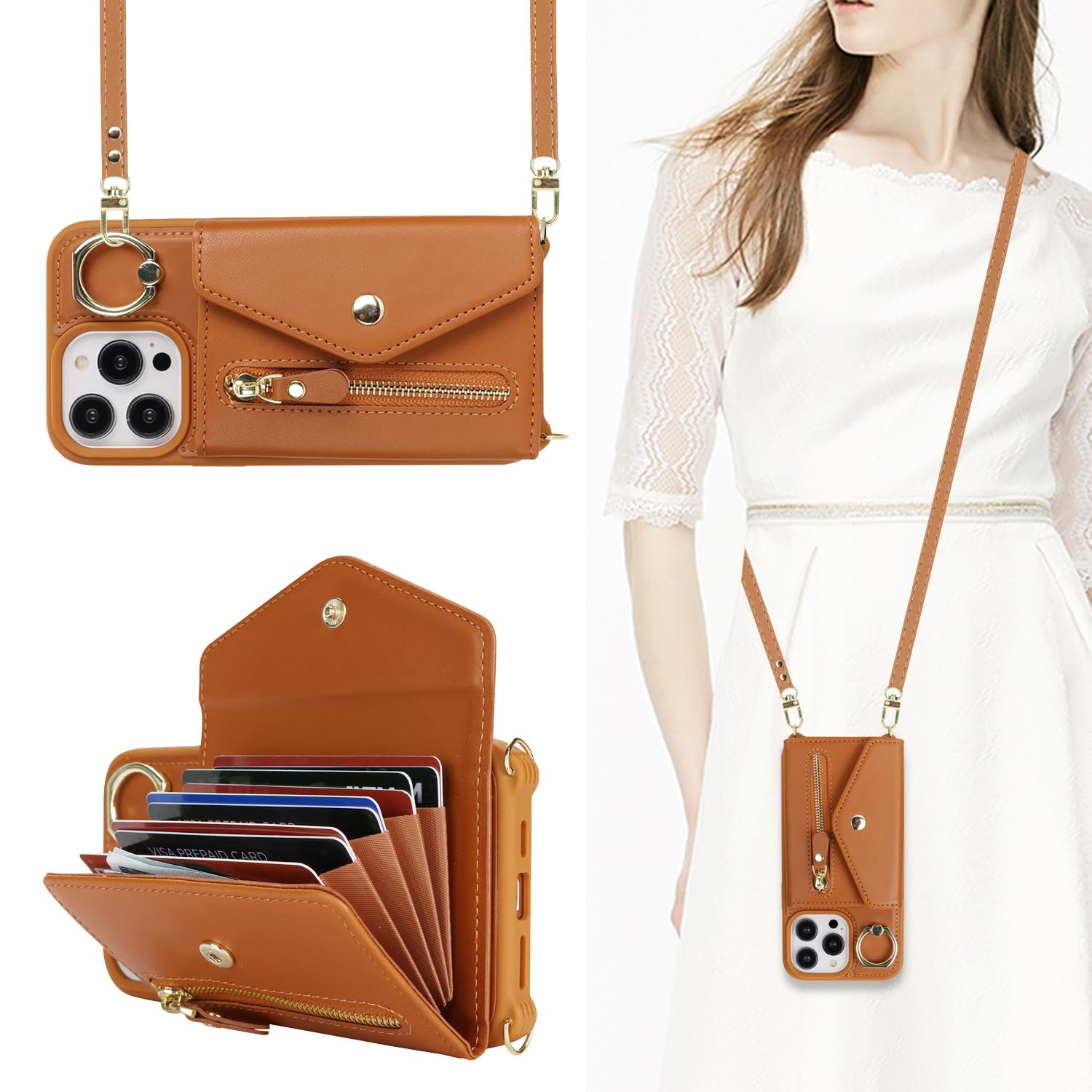 SailorTech iPhone 12 Case with Zipper Credit Card Holder and Kickstand - Wallet Crossbody for Women - Brown Leather