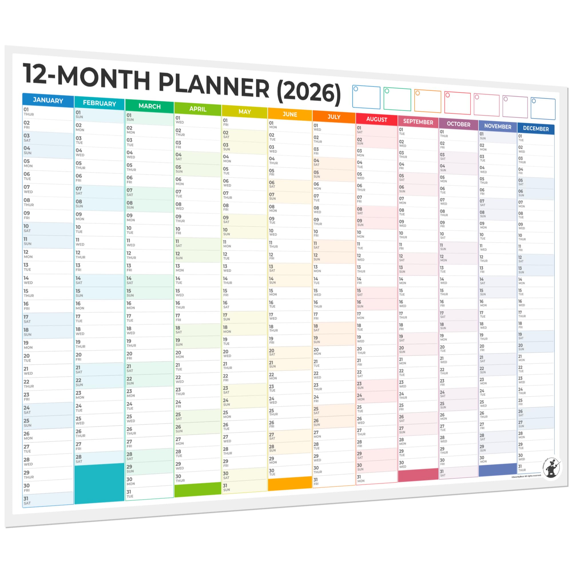 PACK OF TWO A0 2026 Wall Planner, Extra Large 12-Month Yearly Calendar with Bright Colour Column Layout, Non-Laminated Matt Silk Finish with GluDots and a Thank You That Grows.