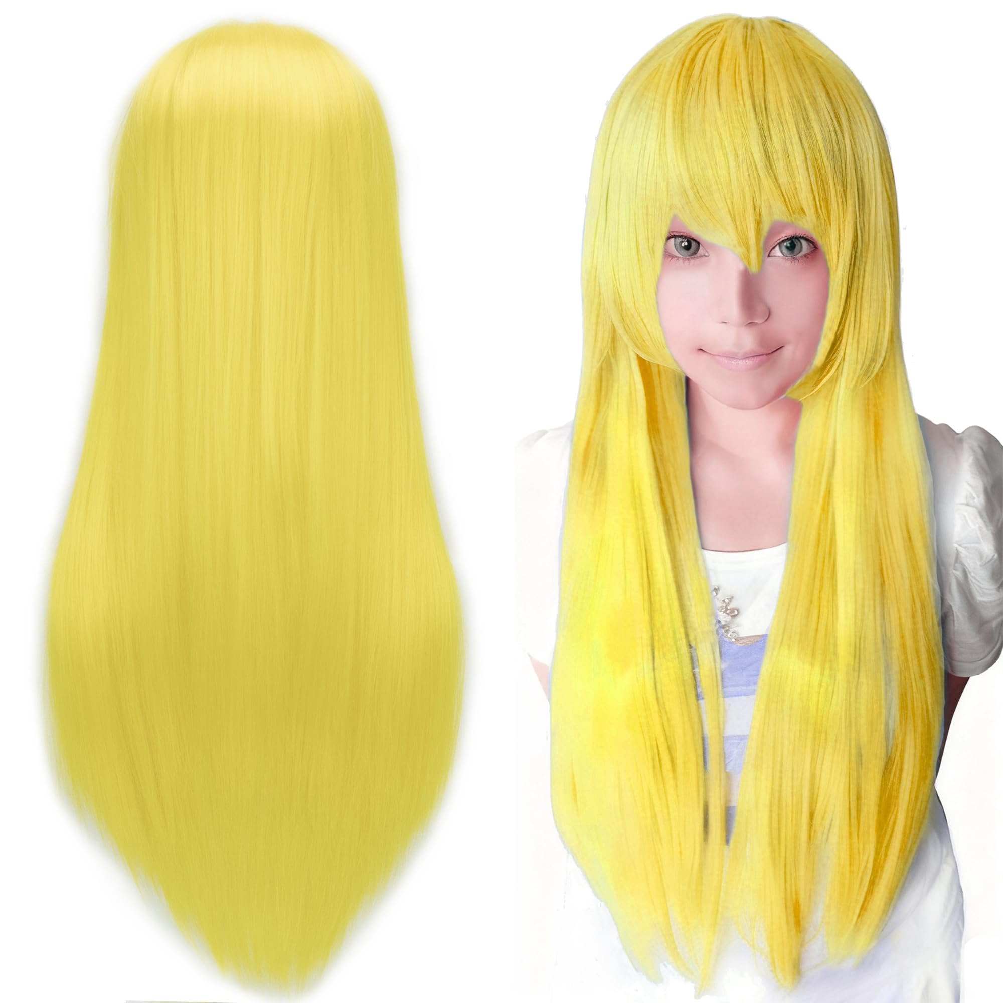 Photo 1 of IMISSU 80cm Long Straight Natural Hair Cosplay Wigs with Bangs Colorful Halloween Costume Party Wig for Girl (Fluorescent Yellow)