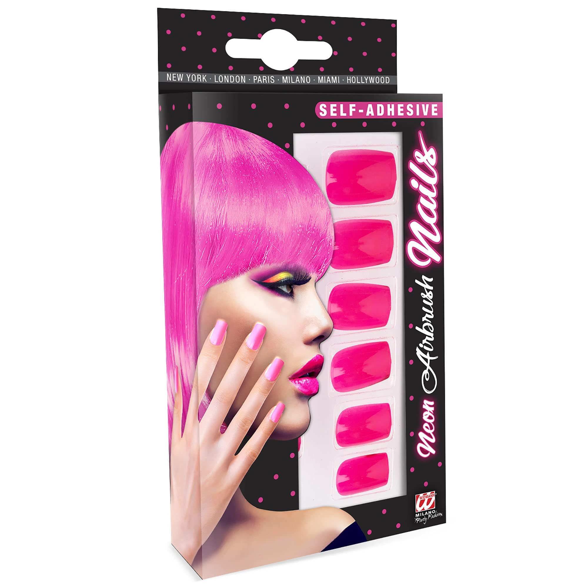 Widmann SET OF 12 S/ADHES NEON PINK AIRBRUSH NAILS FOR FANCY DRESS ACCESSORY