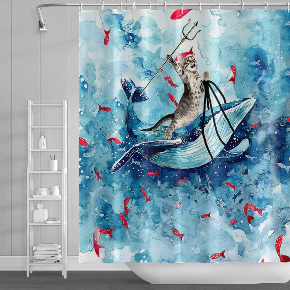 SDOTPMT 105x160cm Funny Cat Shower Curtain Cute Cat Riding Whale Ocean Wave Bath Curtain Cartoon Red Fish Blue Bathtub Curtain for Kids Bathroom Decor Fabric Polyester Waterproof with Hooks