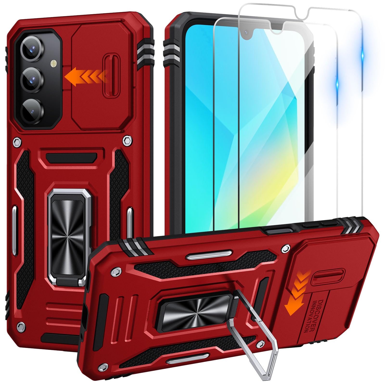 for Galaxy A16 5G Phone Case with 2 PCS HD Screen Protector, 360° Rotatable Ring Holder Kickstand Slide Camera Cover Military Grade Protection, Shockproof Heavy Duty for Samsung A16 5G Case, Red