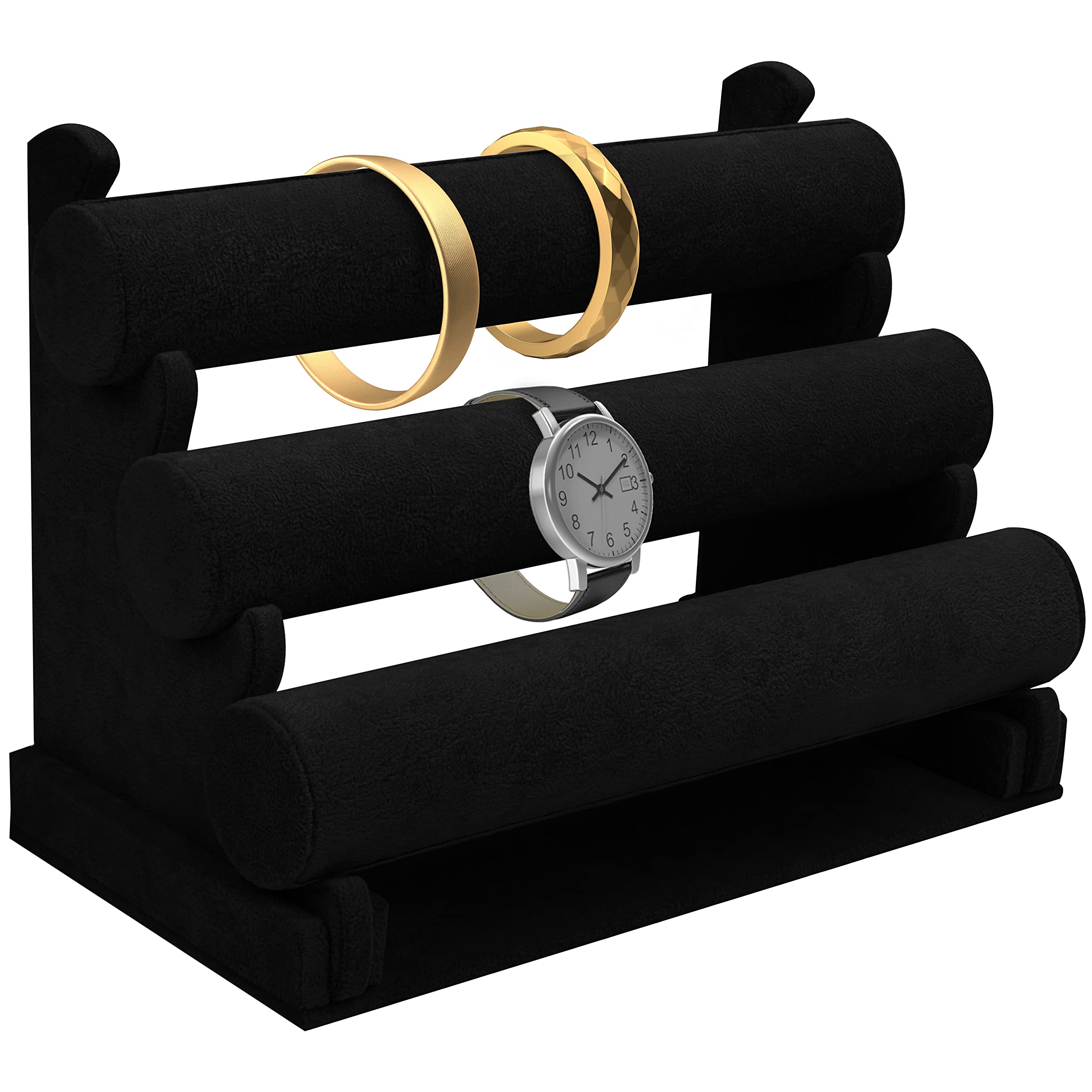 Kurtzy Black Velvet Bracelet Display Stand (3 Tier) - 30 x 17 x 23cm / 11.81 x 6.69 x 9.06 Inches - Removable Jewellery Organiser Rack - Watch, Bangle, Anklet, Scrunchie, Hair Band & Necklace Holder
