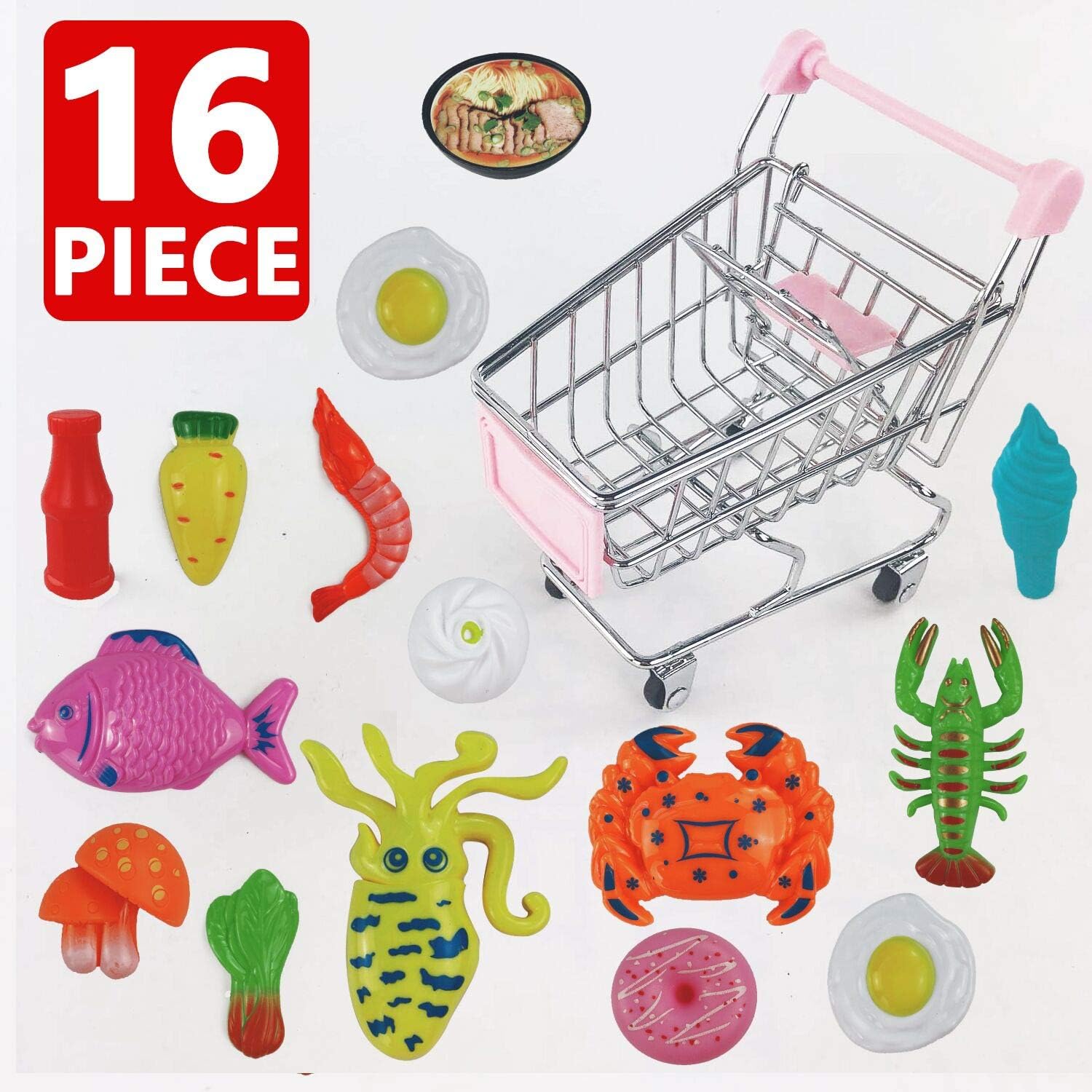 HE BAO The Mini-Market Stainless Steel Trolley Set Includes Mini carts and Toys Shaped Like Seafood, Vegetables, Snacks, etc., Allowing Children to simulate Shopping. (Pink)