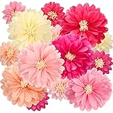 Watersay 12 Pcs 10" 20" Giant Mexican Fiesta Paper Flowers Colorful Tissue Crepe Flowers Pom Poms Craft for Floral Party Backdrop Wedding Birthday Party (Pink Color)