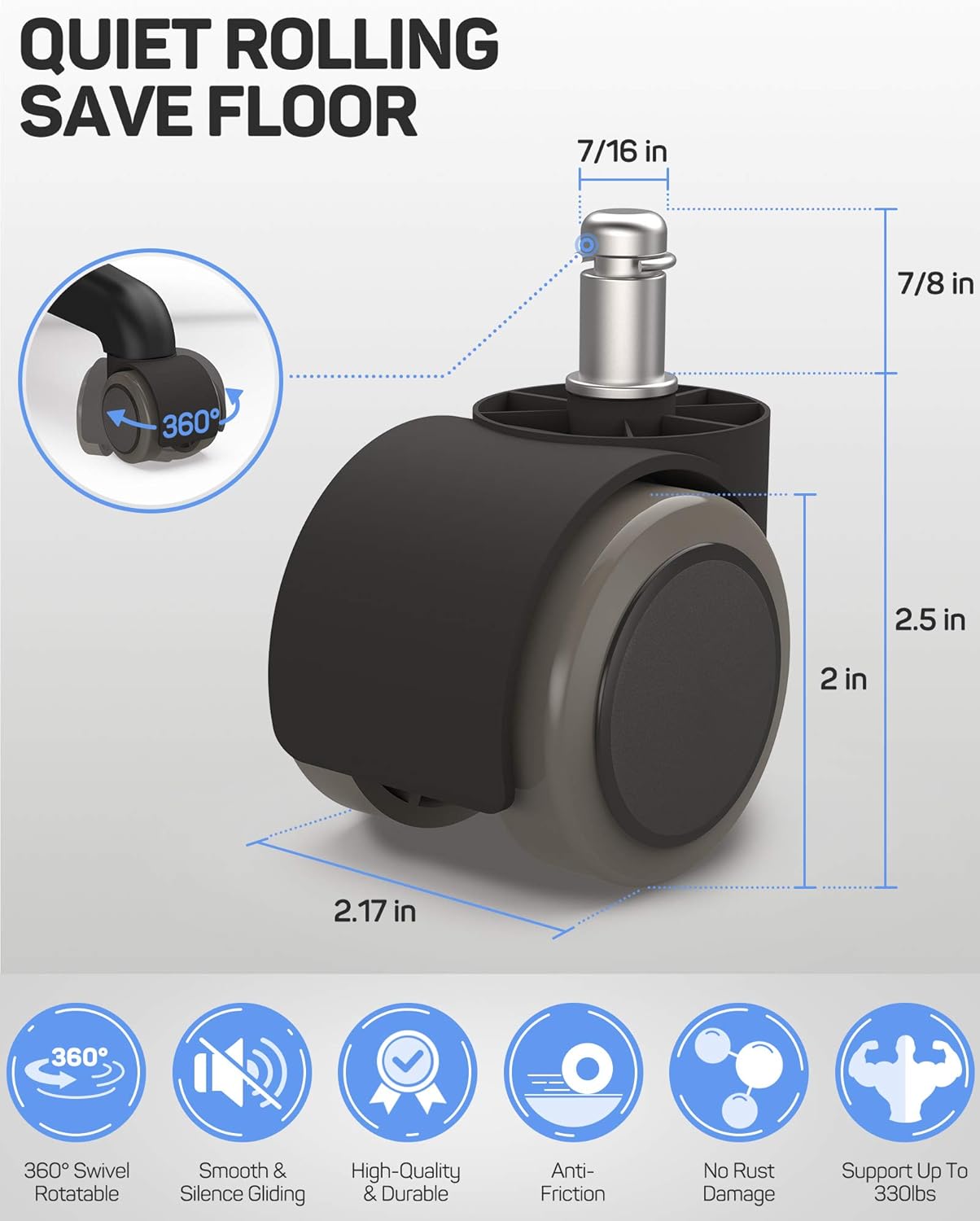 Universal Office Chair Casters Wheels, BHONY 2'' Stem Caster Wheels Replacement Set of 5, Standard Heavy Duty Stem Desk Chiar Wheels for All Floors, Support Up to 330lbs : Office Products