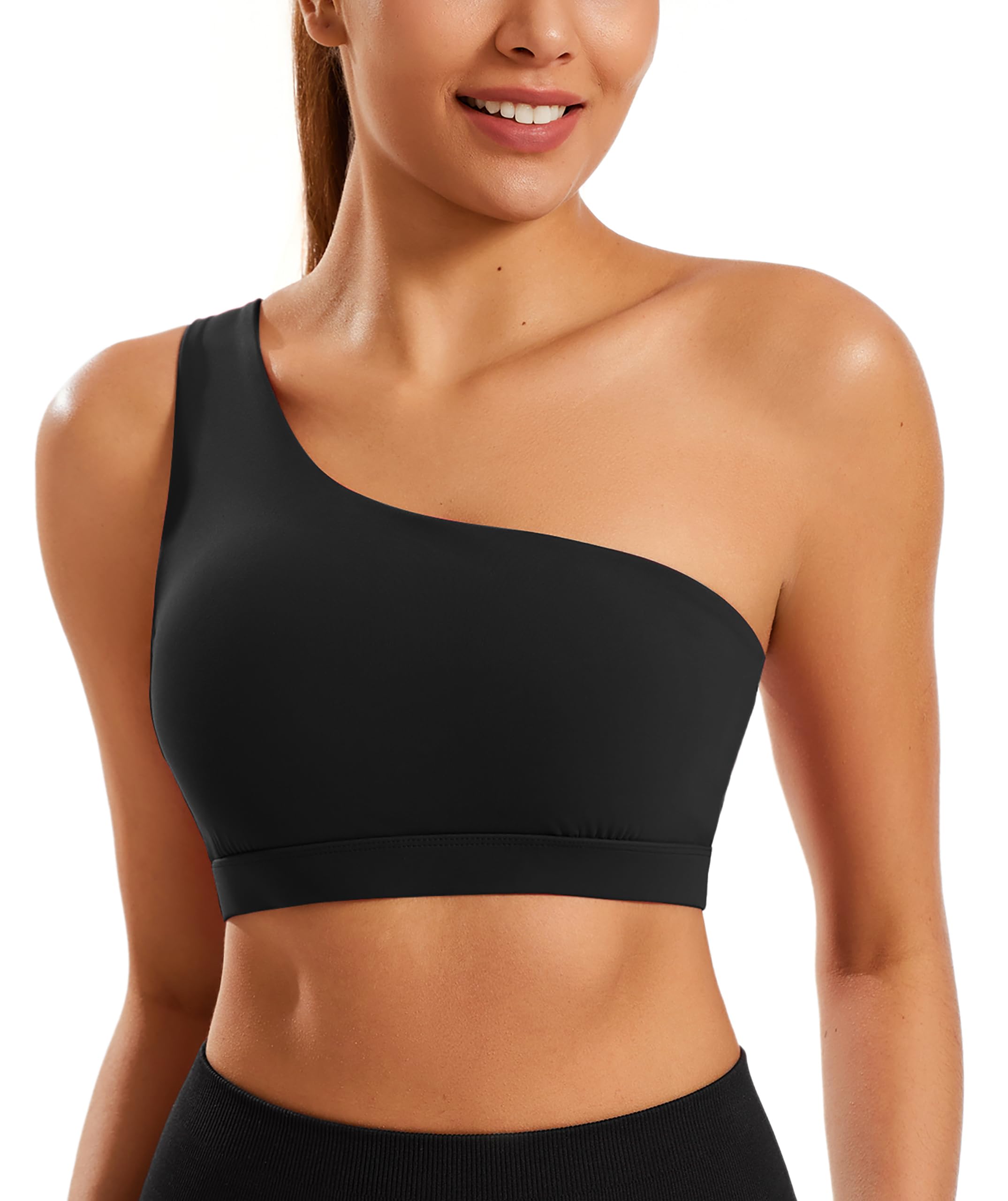 Photo 1 of Smooth Sports Bras for Women One Shoulder Low Impact Asymmetrical Workout Tops Padded Yoga Right Shoulder Strap Bra Black