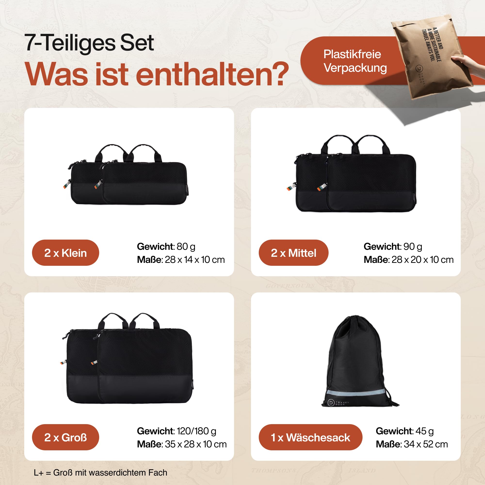 TRAVEL DUDE Packwürfel Set mit Kompression aus recycelten Plastikflaschen, Leichte Packing Cubes, Packtaschen Set für Rucksack und als Koffer Organizer, Zubehör (Schwarz, 7-teiliges Set) 7