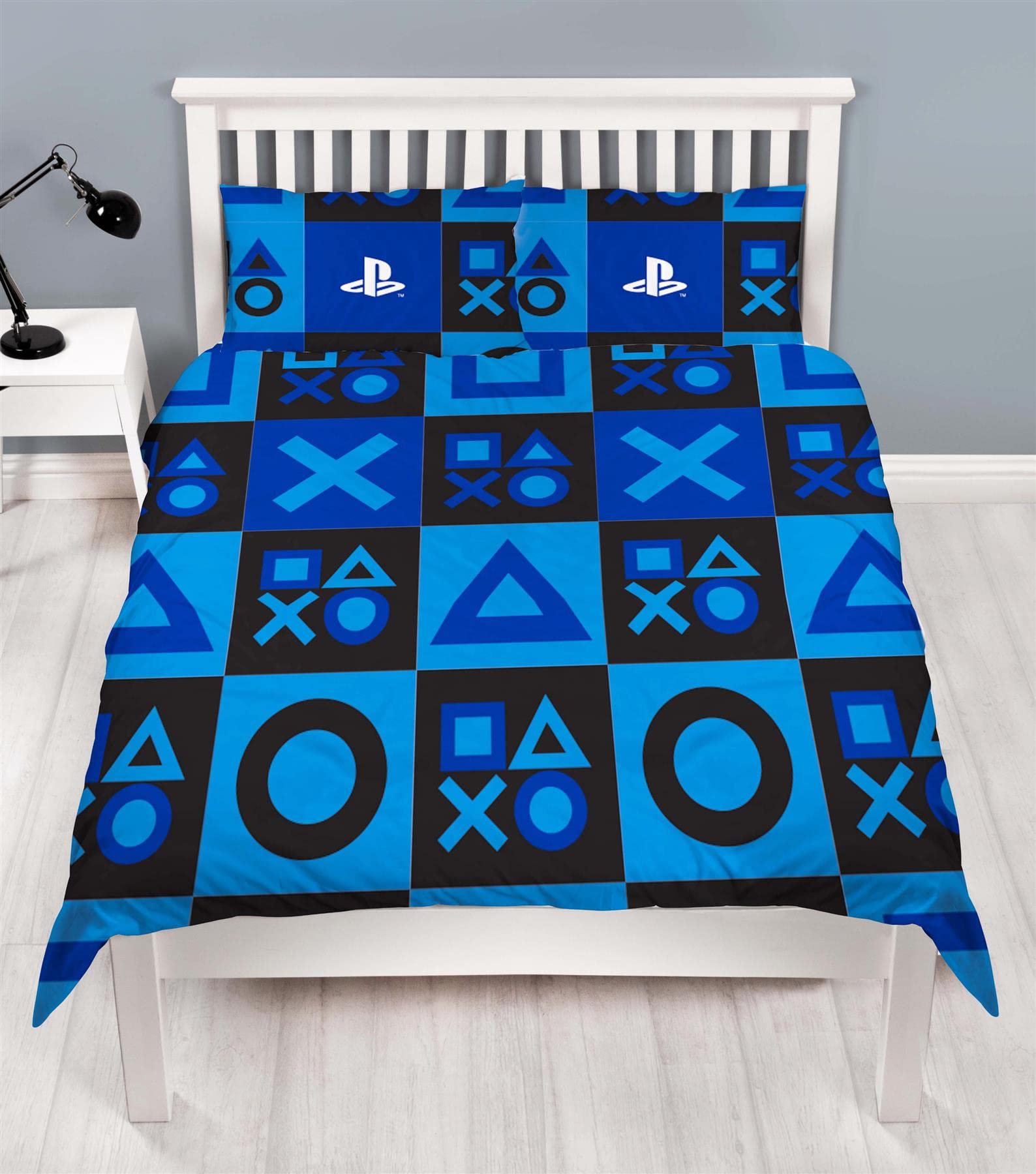 PlayStation Checks Single and Double Duvet Cover Controller Icons Design - Officially Licensed Reversible Bedding set with matching Pillowcase (Double)