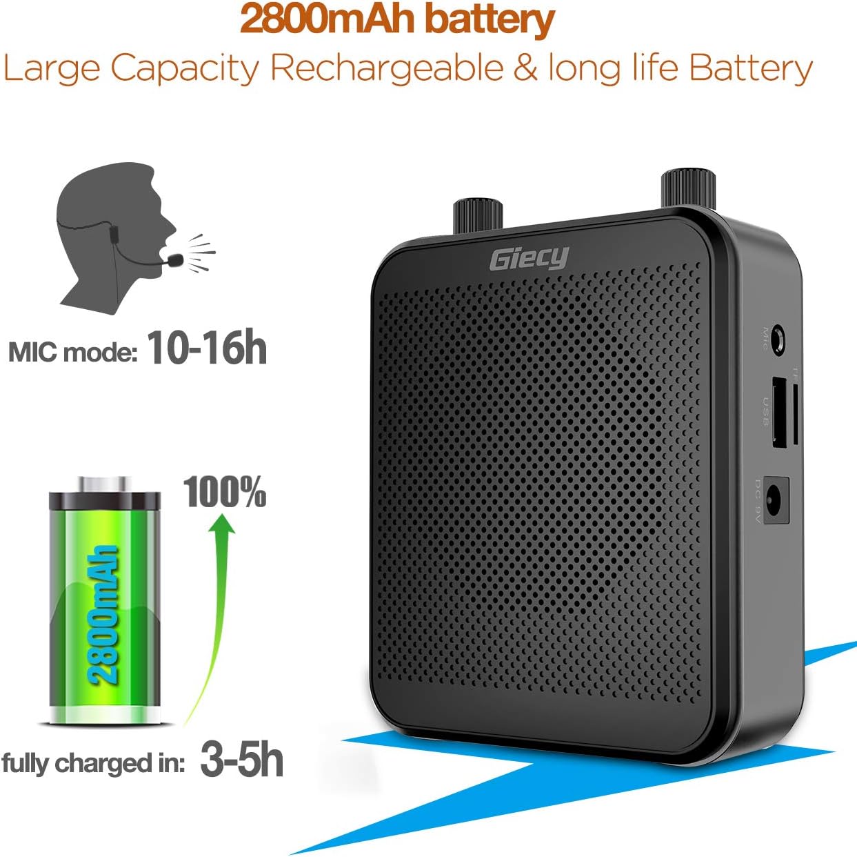 Giecy Voice Amplifier Portable Bluetooth 30W 2800mAh Rechargeable PA System Speaker for Multiple Locations Such as Classroom, Meetings and Outdoors: Musical Instruments