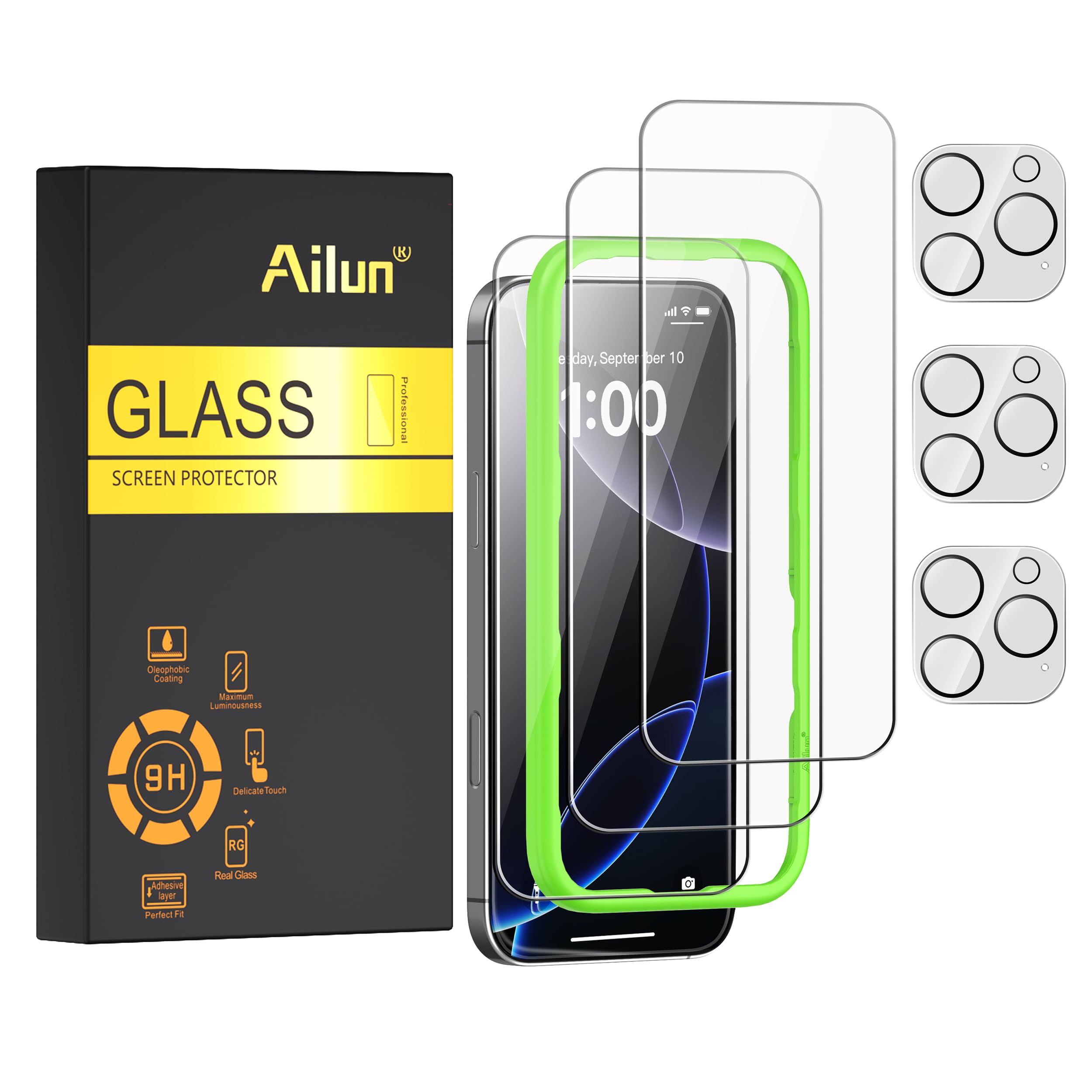 Photo 1 of Ailun 3 Pack Screen Protector for iPhone 16 Pro [6.3 inch] + 3 Pack Camera Lens Protector with Installation Frame,Case Friendly Tempered Glass Film,[9H Hardness] - HD