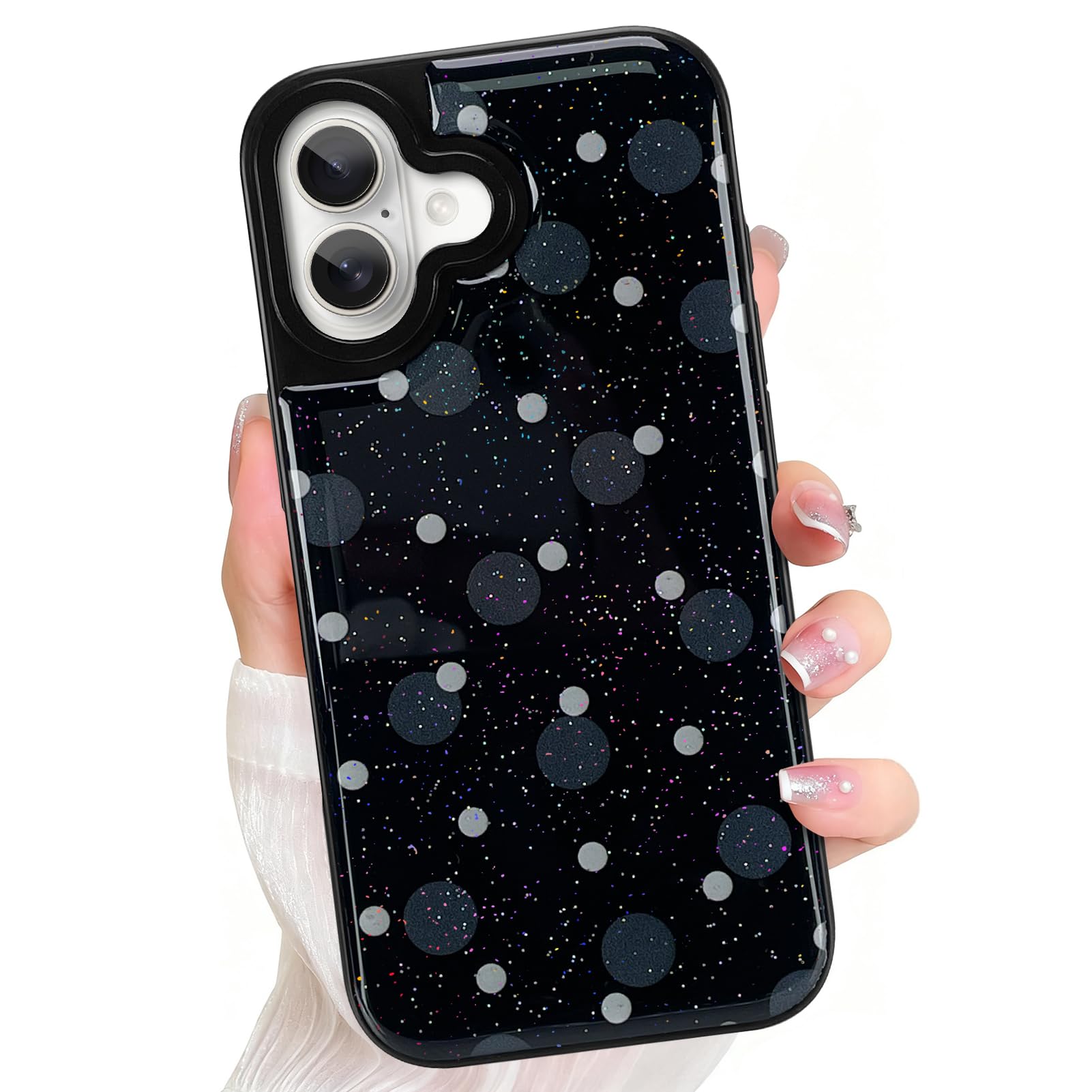Jefonha Compatible with iPhone 16 Case Fashion Cute Polka Dot Phone Case for Women Girls Elegant Girly Aesthetic, Slim Shockproof Protective Cover for 16 6.1 Inch, Black Dots