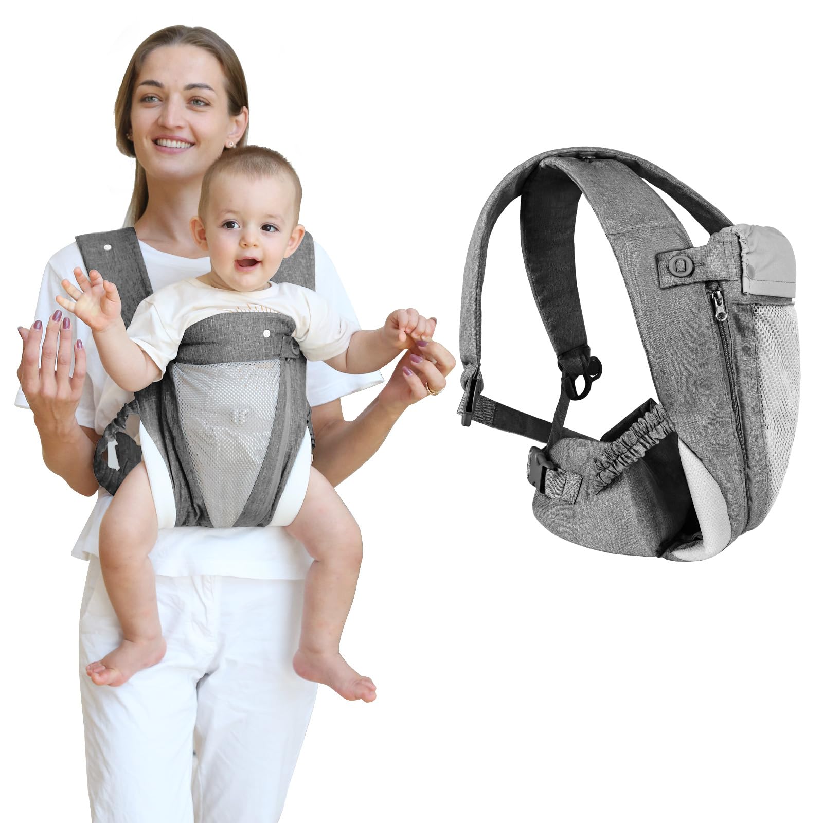 Aolso Baby 4-in-1 Carrier, Breathable Zipper & Belt, Front and Back Adjustable Sling for Toddlers and Newborns (7-40lbs, Grey)