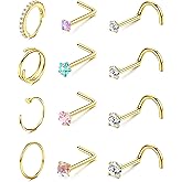 ORAZIO Nose Rings for Women - 14K Gold Filled Hypoallergenic Surgical Steel Nose Ring Hoops 18G/20G/22G Small Cute CZ Screw L Shaped Nose Studs Piercings Jewelry for Women Men 12Pcs
