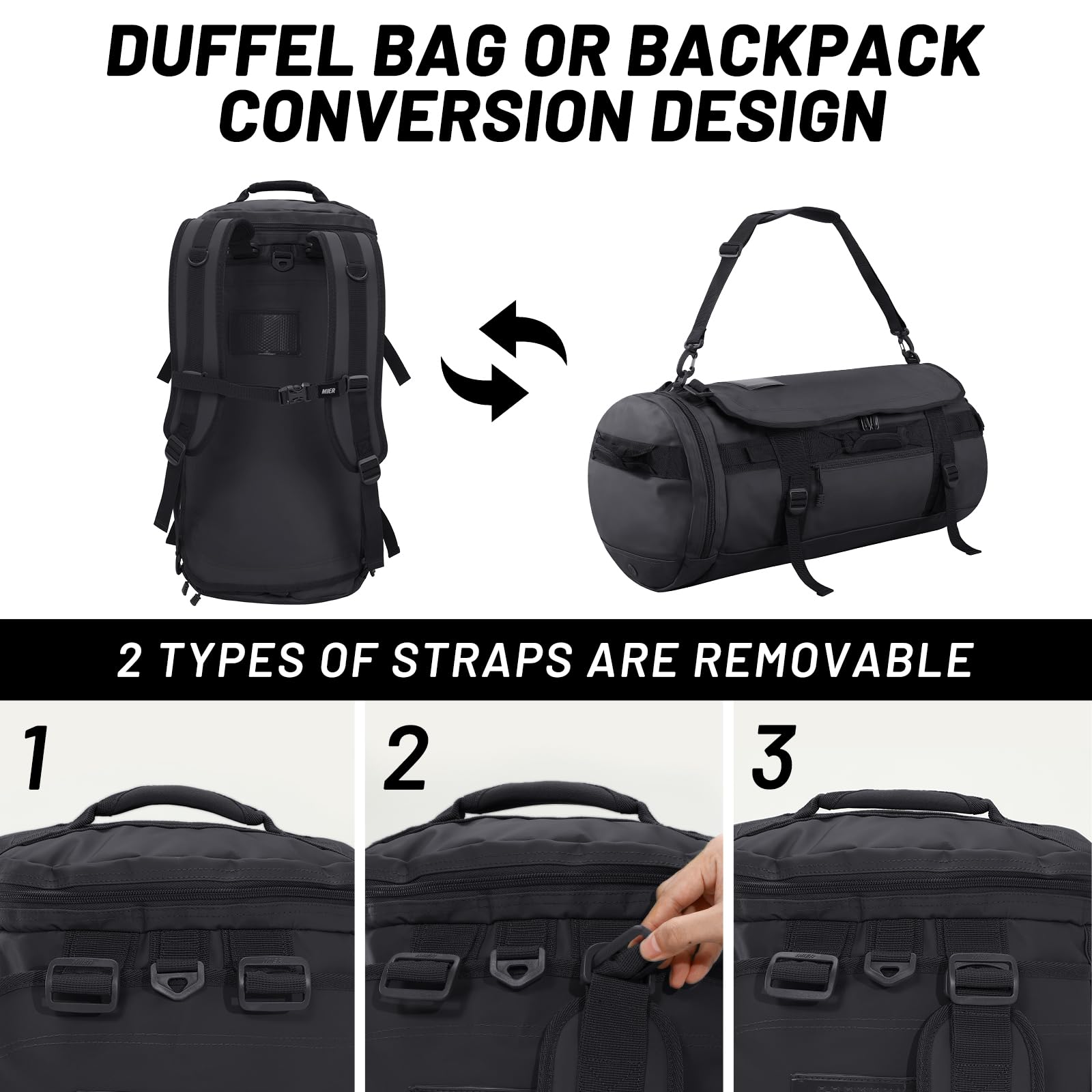 MIER Large Duffel Backpack Sports Gym Bag with Shoe Compartment, Heavy Duty and Water Resistant, Black, 60L