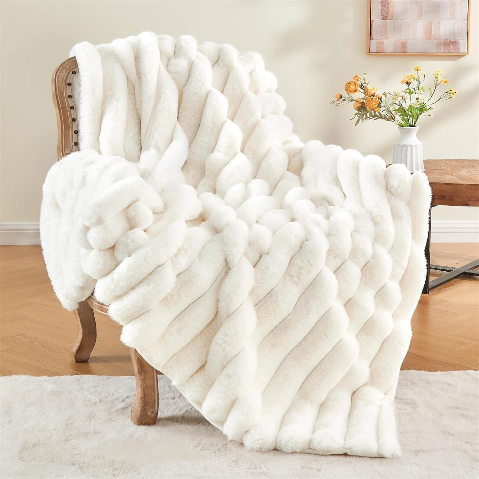 LINGKY Faux Rabbit Fur Luxury Plush Throw Blanket - Super Soft Cozy Fuzzy Blanket Faux Fur Blanket Fluffy Blankets Warm Bed Throws for Couch Bed Sofa, Striped White, 100x160cm