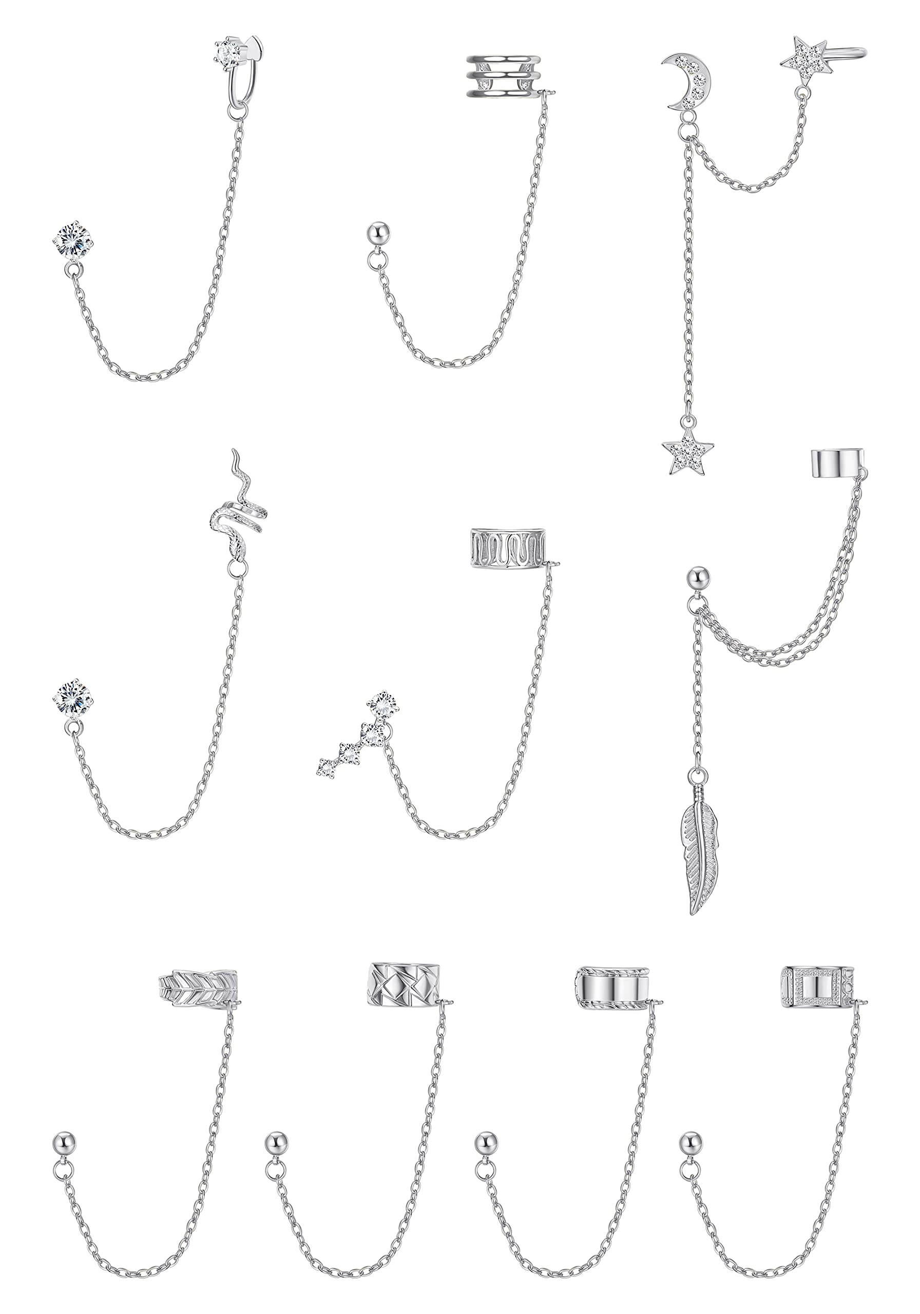 ADRAMATA 10Pcs Ear Cuff Earrings Chain for Women Snake Feather Ear Cuff Moon Star Ear Climber Helix Cartilage Crawler Earrings Tassel Chain Ear Cuff Earrings for Women Girls