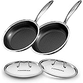 FogDream 2 Pcs Non Stick Frying Pans with 2 Lids, 10 & 11 Inch Stainless Steel Skillets, Tri-Ply Stainless Steel for All Cooktops, Dishwasher & Oven-Safe Cooking Pan, Stay-Cool Handle, Silver