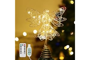 Lewondr Christmas Tree Topper Angel, USB Powered Remote Controlled 9.8 Inch Glittering Angel Christmas Tree Topper, 6H Timer Christmas Tree Angel Topper with Lights for Xmas Home Holiday Party, Gold