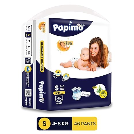 Papimo Baby Pants Diapers with Aloe Vera, Small, 46 Count