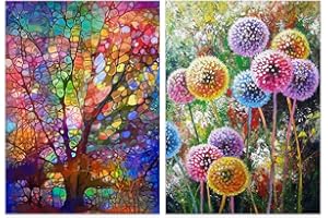 OFRKE 2-Piece Diamond Painting Kits for Adults and Kids，Tree of Life and Dandelion Painting Colorful Artwork for Beginner Perfect for Home Wall Deco Diamond Decor 12"x16"