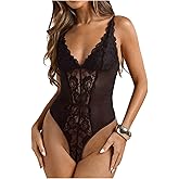 Milumia Women's Sexy Deep V Neck Lace Bodysuit Sheer Foral Mesh Corset Body Suits