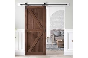 ROYMELO 36x84 inch Sliding Barn Wood Door Slab with 6.6ft Hardware Kit and Handle, Coffee, K Shape, Simple DIY Assembly