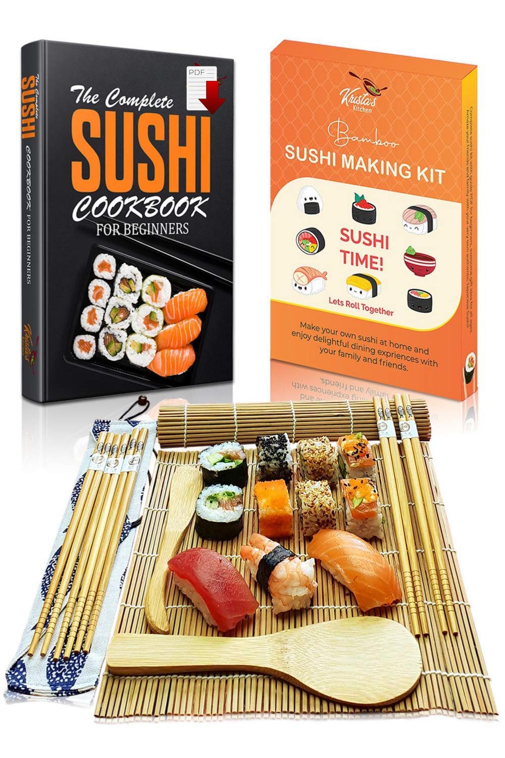 Sushi Making Kit – Beginners Sushi Maker Set with Bamboo Rolling Mat - Make Your Own Sushi at Home - All In One Set 2 Mats, 5 Pairs Chopsticks with Bag, Paddle, Spreader with Step by Step Book Guide