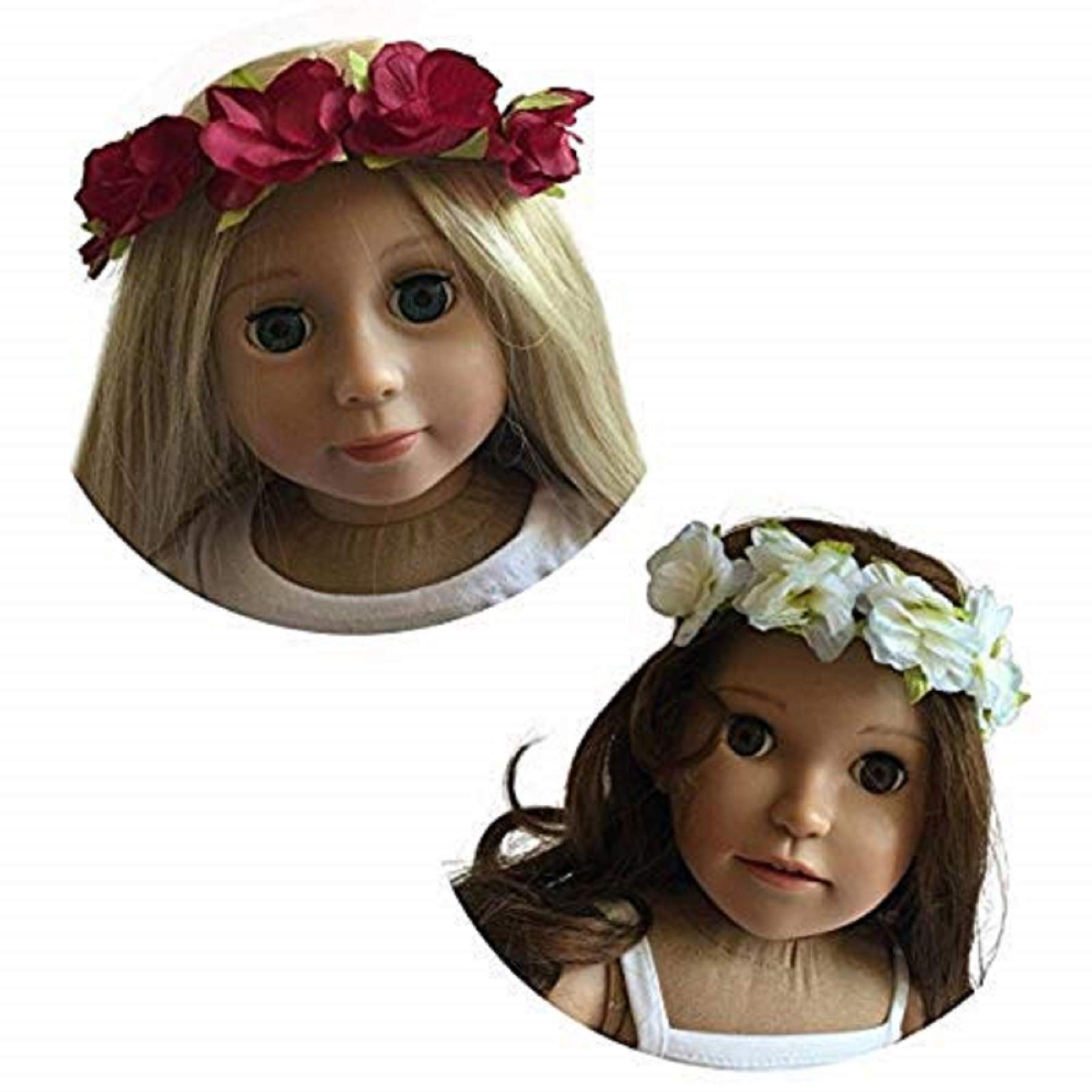 The New York Doll Collection - Stirnband passt 18 Zoll/46 cm Puppen - Satz von zwei - BlumenKranz mit rot und weiß Satinband für Mädchenpuppen