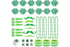 ANSEE St Patricks Day Accessories Set, 108 PCS Includes 6 Shamrock Glasses, 6 Shamrock Necklaces, 6 Green Mustache, 6 Green kazoo, 12 Green Silicone Wristbands, 72 Shamrock Tattoos for Irish Party Favor